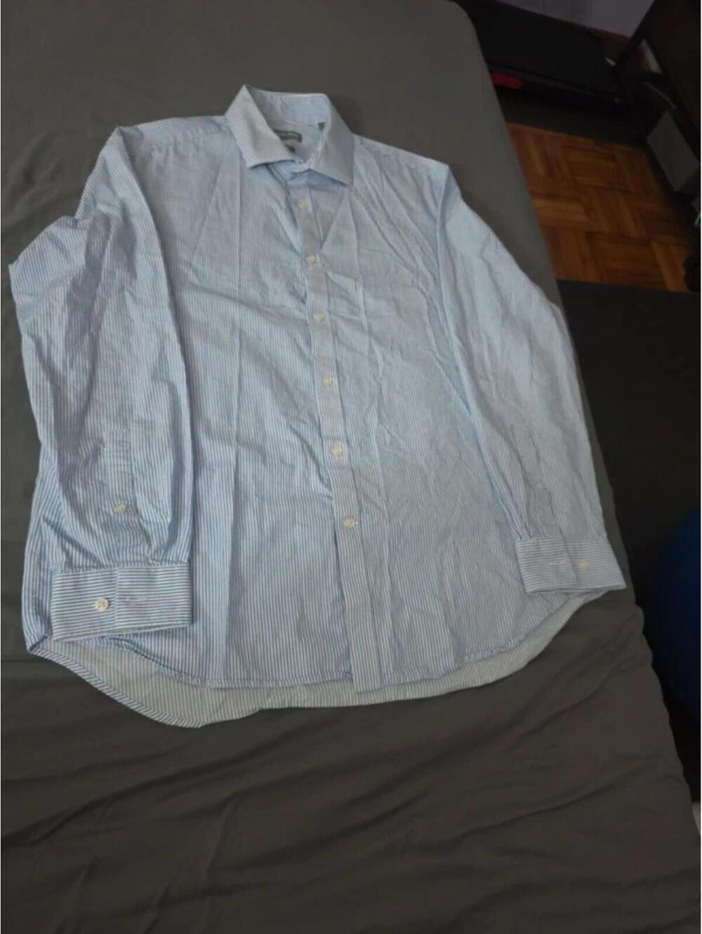 Michael Kors Slim Fit Light Blue and White Striped Men's Button-Up Shirt XL
